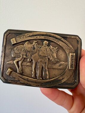 Western Horse & Cowboy Belt Buckle Iin Antiqued Brass - WAYNE